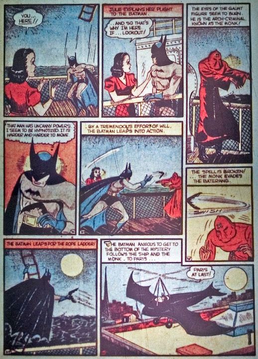 En la viñeta 3 de la página es donde hace aparición el batarang